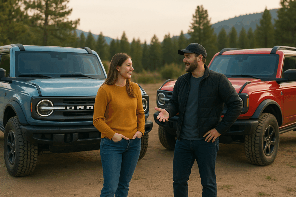 A man and woman talk between two parked trucks outdoors.